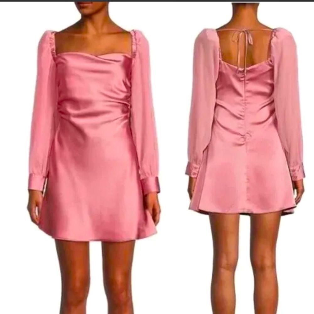 WEWOREWHAT Rose Pink Silky Cowl Neck Open Back Long Sheer Sleeve Mini Dress Sz 6